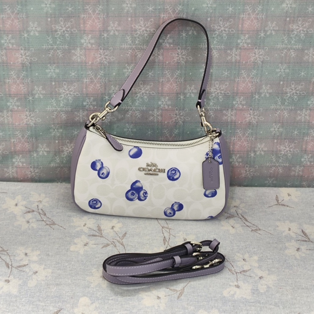 Coach White Mini Shoulder Bag with Lavender Trim and Blue Berry Print